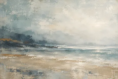 Horizon bands dissolving into morning fog in stone, cream, gray; landscape artwork.
