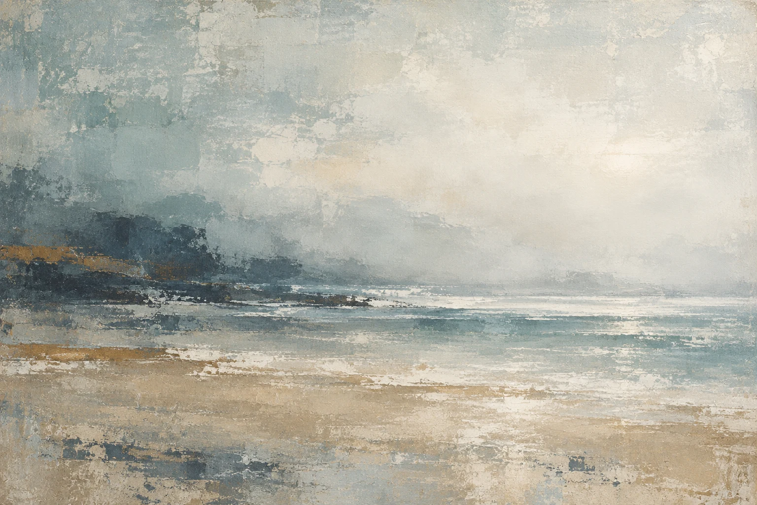 Horizon bands dissolving into morning fog in stone, cream, gray; landscape artwork.