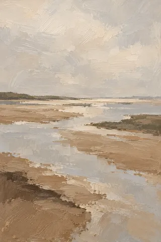 A tidal flat at low water in stone, sand, cream, taupe; portrait artwork.