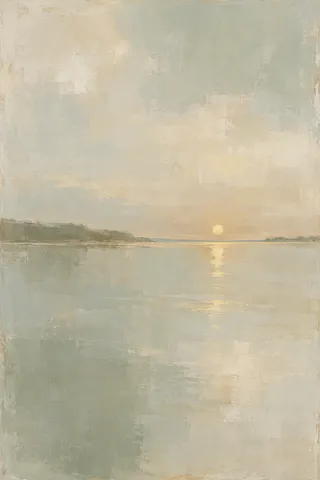 A calm bay with one brass sun low on the horizon in stone, sage, cream, sand; portrait artwork.
