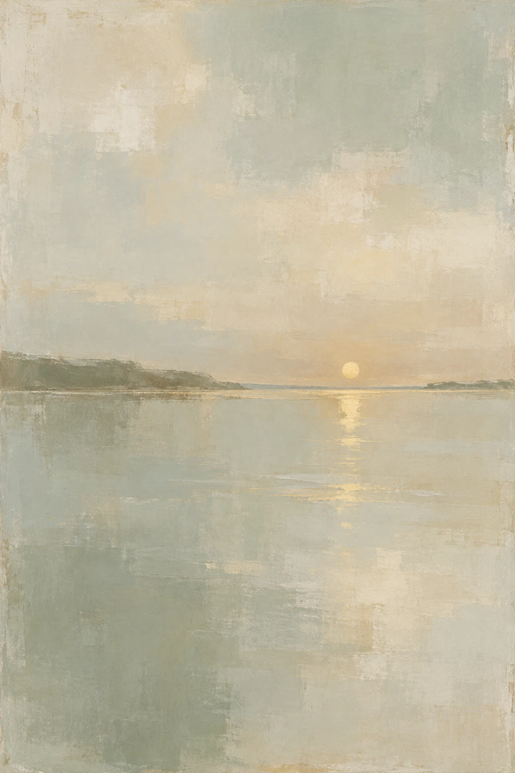 A calm bay with one brass sun low on the horizon in stone, sage, cream, sand; portrait artwork.