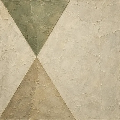 An hourglass of two soft triangles in stone, sage, cream, taupe; square artwork.