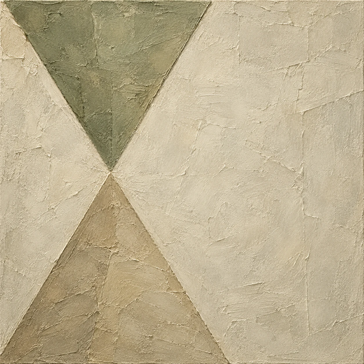 An hourglass of two soft triangles in stone, sage, cream, taupe; square artwork.