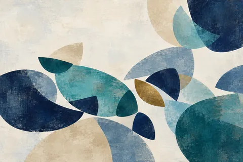 Scattered crescents of different weights in cream, navy, gray, stone; landscape artwork.