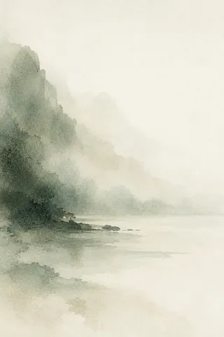 A drifting veil of thin washes in white, cream, stone, olive; portrait artwork.
