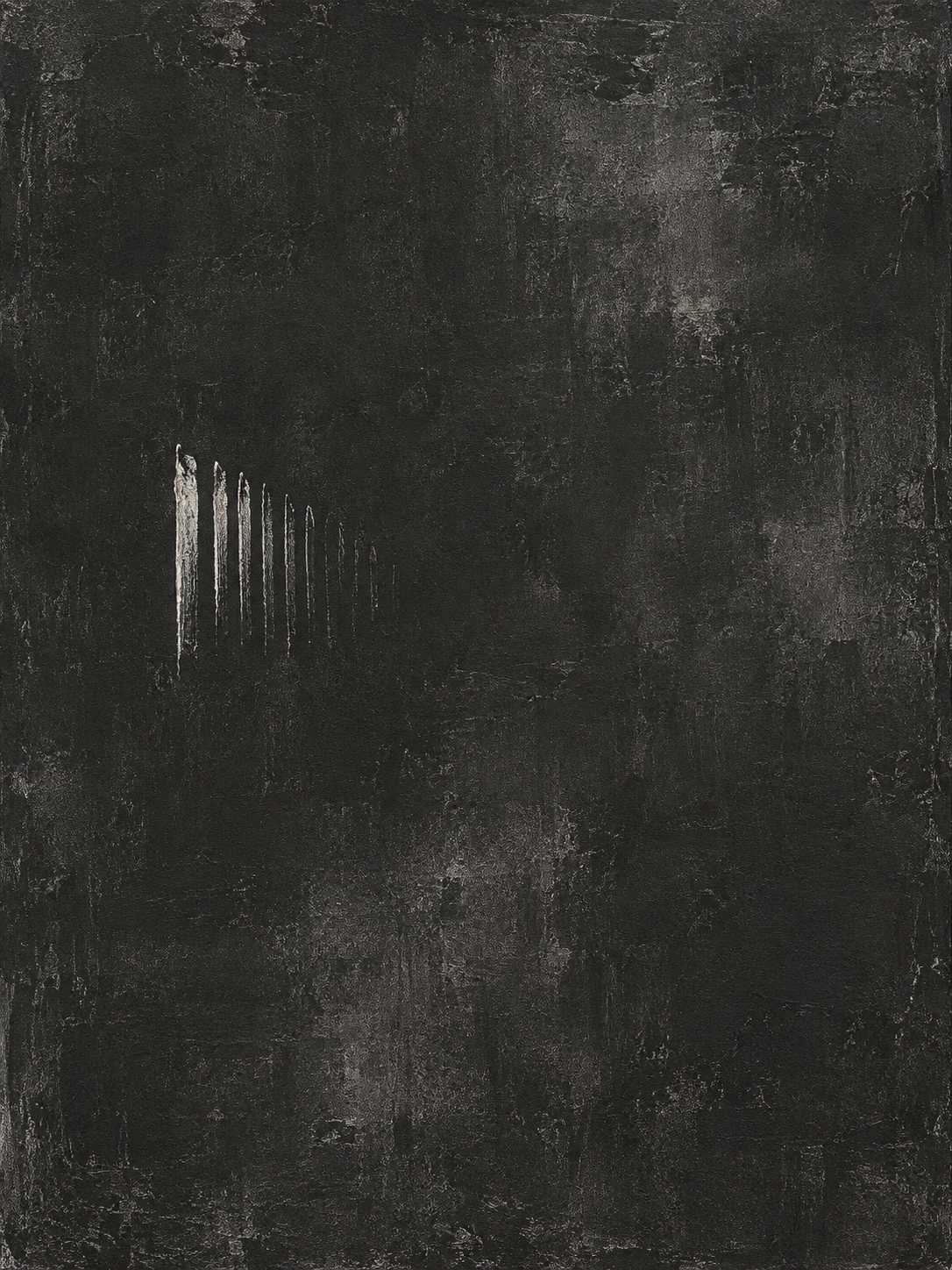 A comb of vertical strokes fading to the right in black, charcoal; portrait artwork.