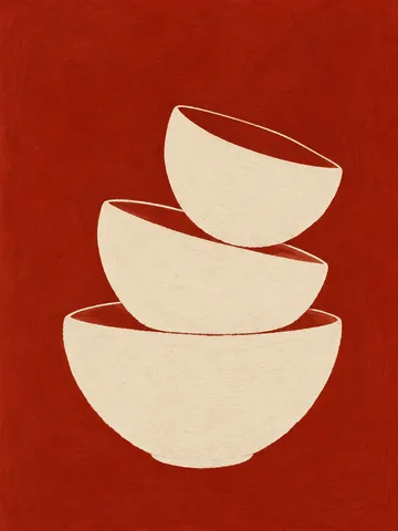 Three stacked bowls drawn as flat shapes in rust, cream, red; portrait artwork.
