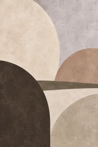 Interlocking half-moons in cream, charcoal, stone, sand; portrait artwork.