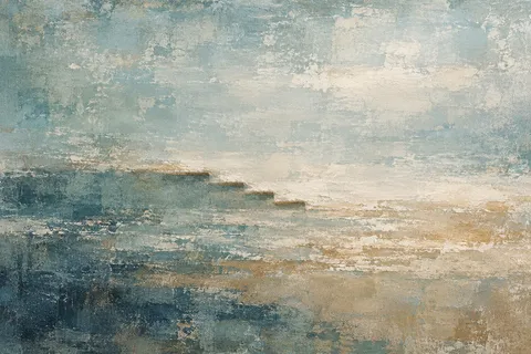 Four shallow steps descending across the field in stone, gray, sand, cream; landscape artwork.