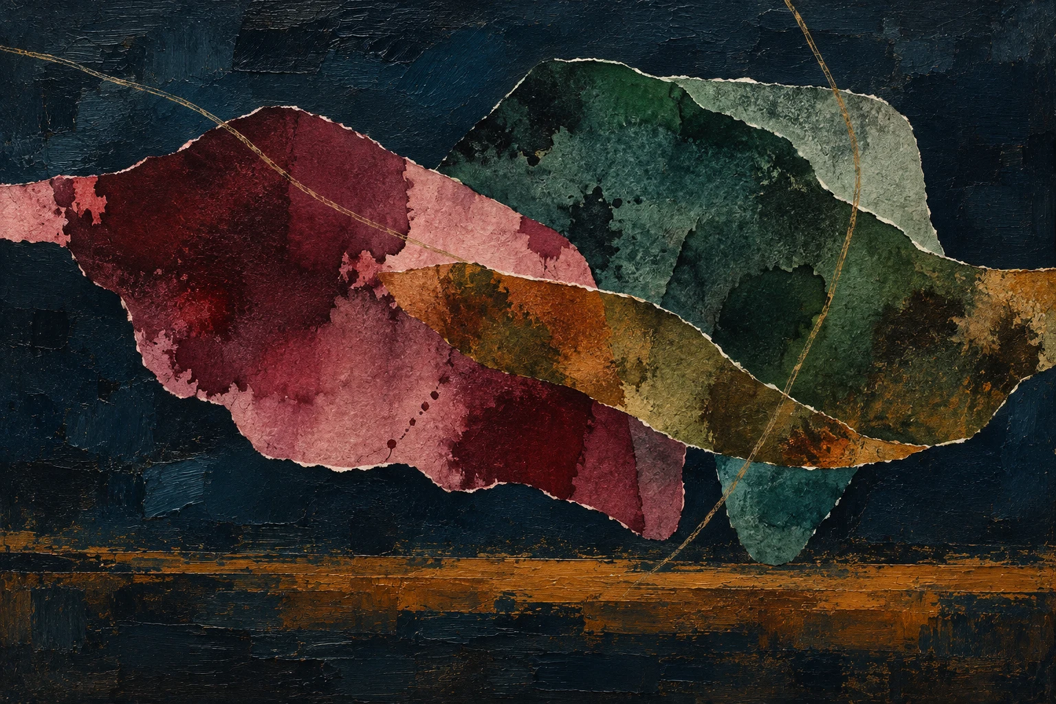 Two overlapping soft organic forms in black, burgundy, terracotta, charcoal; landscape artwork.