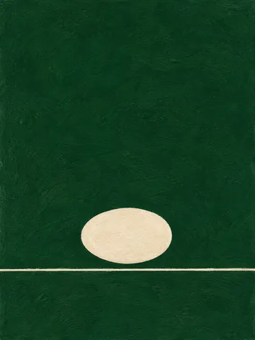One large oval floating above a thin line in forest green, taupe; portrait artwork.