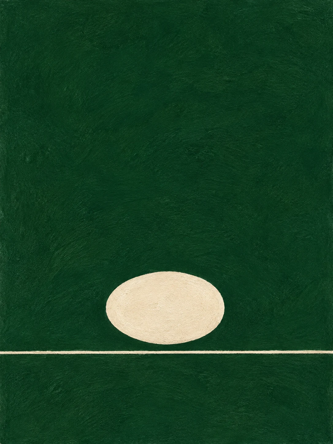 One large oval floating above a thin line in forest green, taupe; portrait artwork.