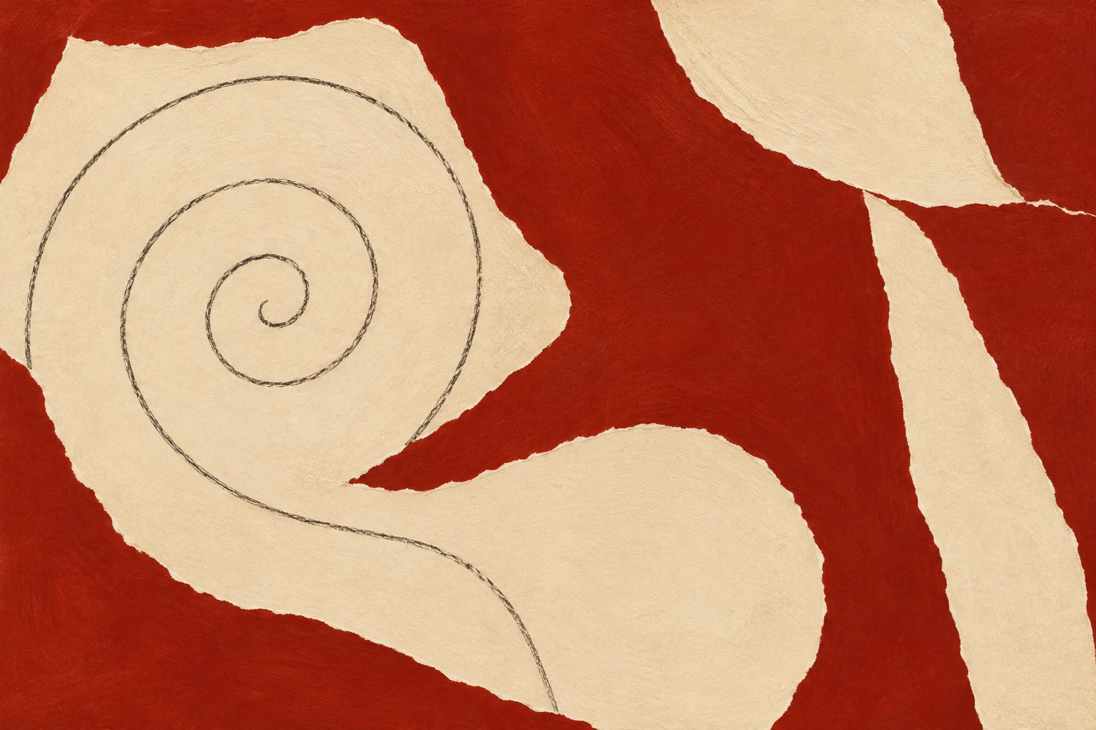 A spiral drawn in one dry stroke in cream, rust; landscape artwork.