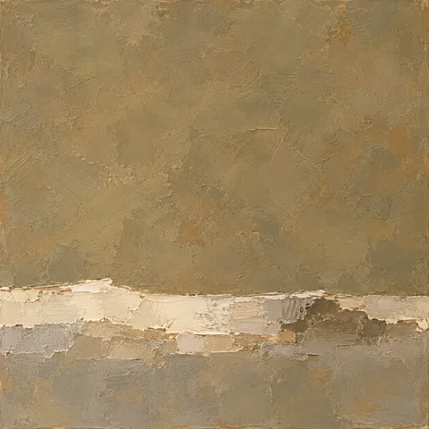One heavy impasto band across the lower third in taupe, sage, sand; square artwork.