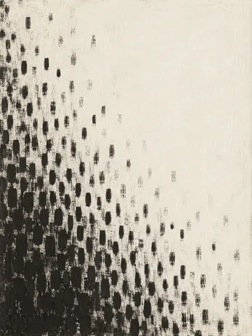 A field of small repeated marks fading toward one corner in cream, black, sand, charcoal; portrait artwork.