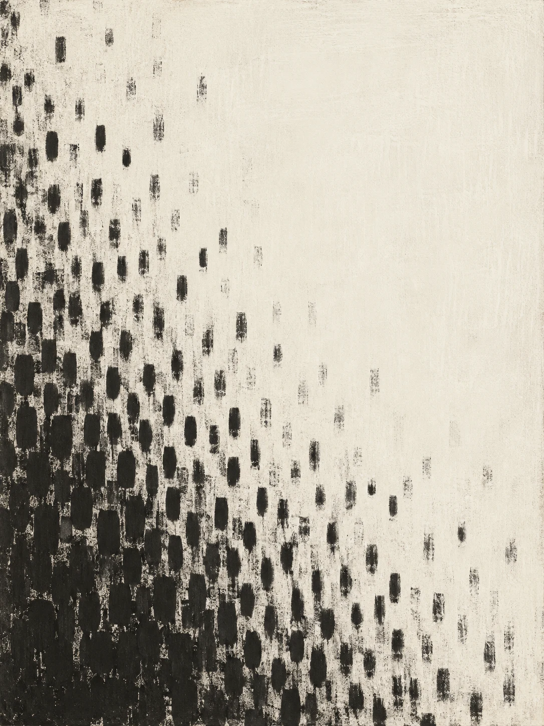 A field of small repeated marks fading toward one corner in cream, black, sand, charcoal; portrait artwork.