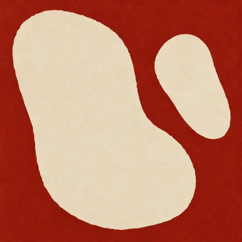 Two river-stone shapes, one large one small in cream, rust; square artwork.