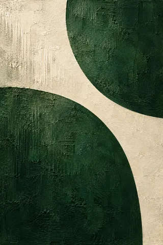 Two large cropped forest-green circles separated by a curving cream gap, with fine scored surface marks.