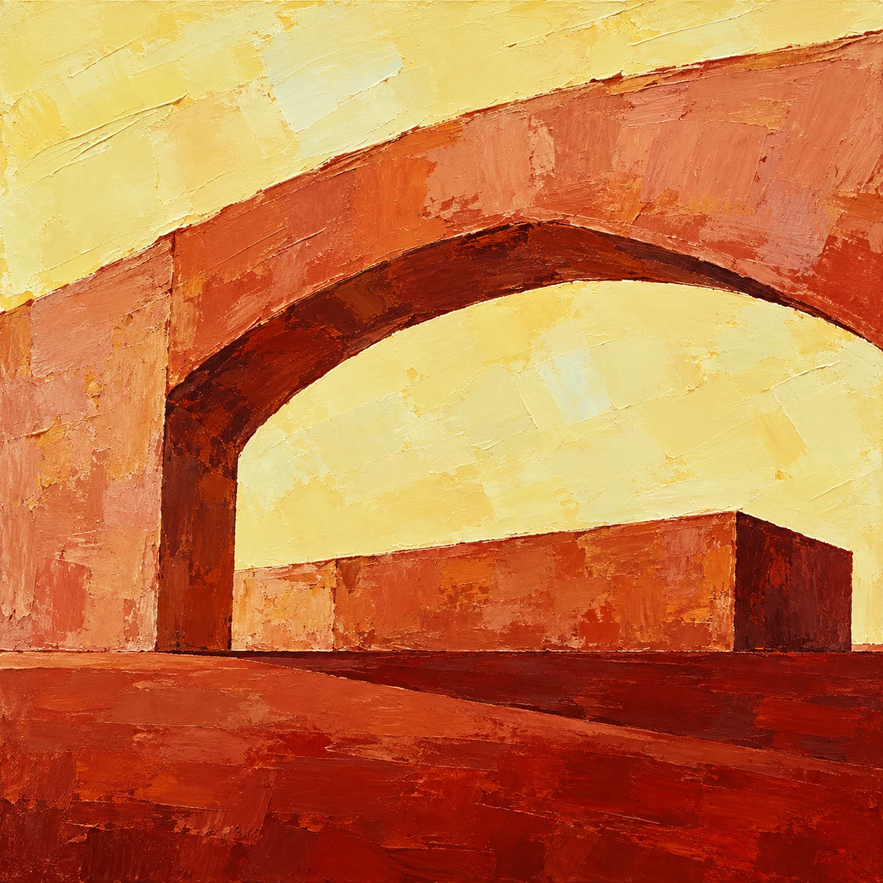 A wide arch over a low block in cream, orange, rust, burgundy; square artwork.
