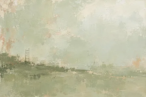 A ladder of short horizontal strokes in stone, cream, sand, sage; landscape artwork.