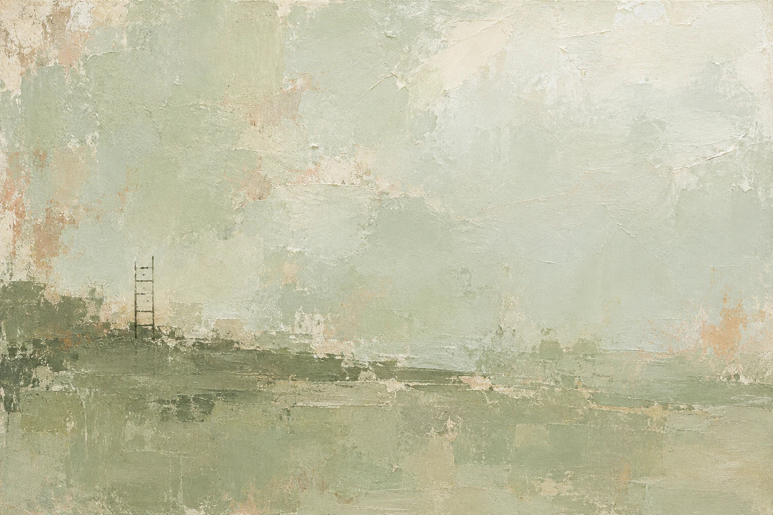 A ladder of short horizontal strokes in stone, cream, sand, sage; landscape artwork.