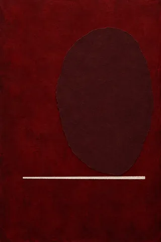 One large oval floating above a thin line in black, burgundy; portrait artwork.