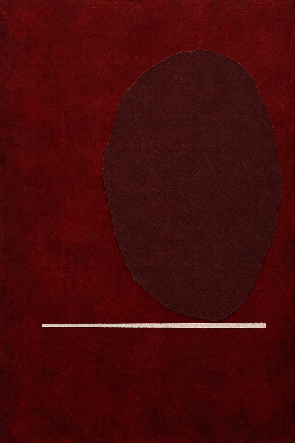 One large oval floating above a thin line in black, burgundy; portrait artwork.