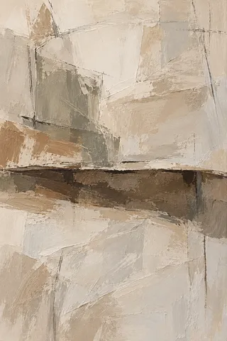 A low horizontal shelf shadow across the whole width in stone, sand, sage, cream; portrait artwork.