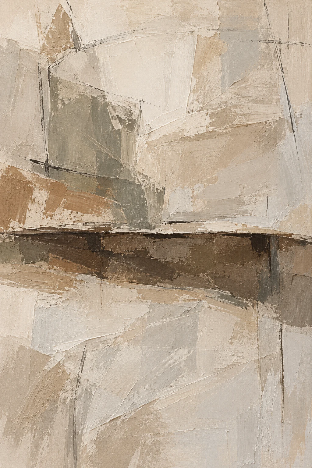 A low horizontal shelf shadow across the whole width in stone, sand, sage, cream; portrait artwork.