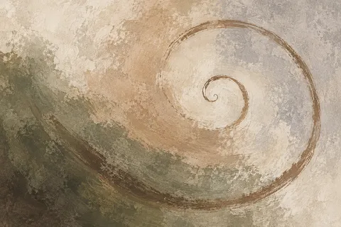 A spiral drawn in one dry stroke in stone, sand, cream, brown; landscape artwork.