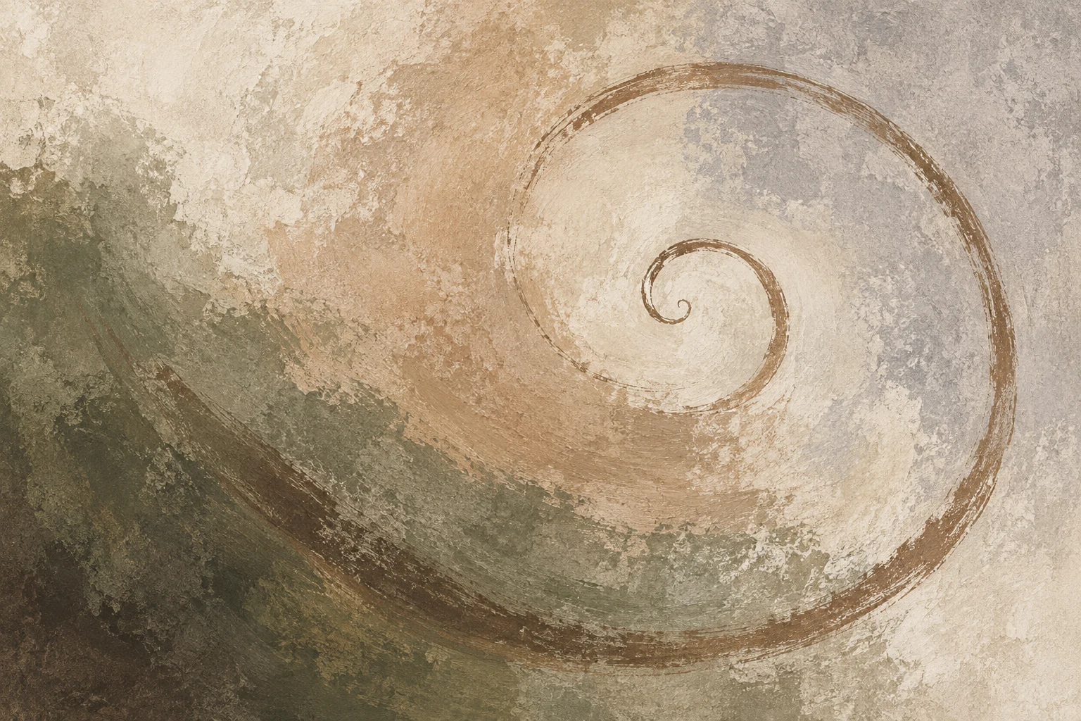 A spiral drawn in one dry stroke in stone, sand, cream, brown; landscape artwork.