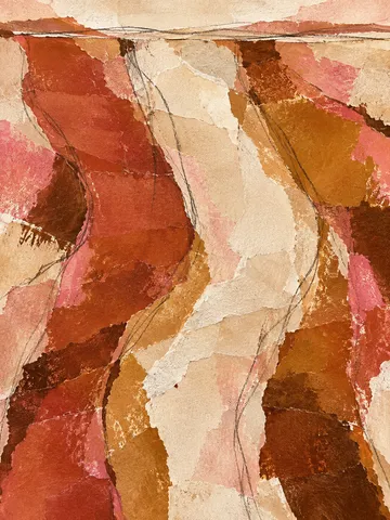 Three flowing vertical bands that bend like a slow current in terracotta, stone, red, blush; portrait artwork.