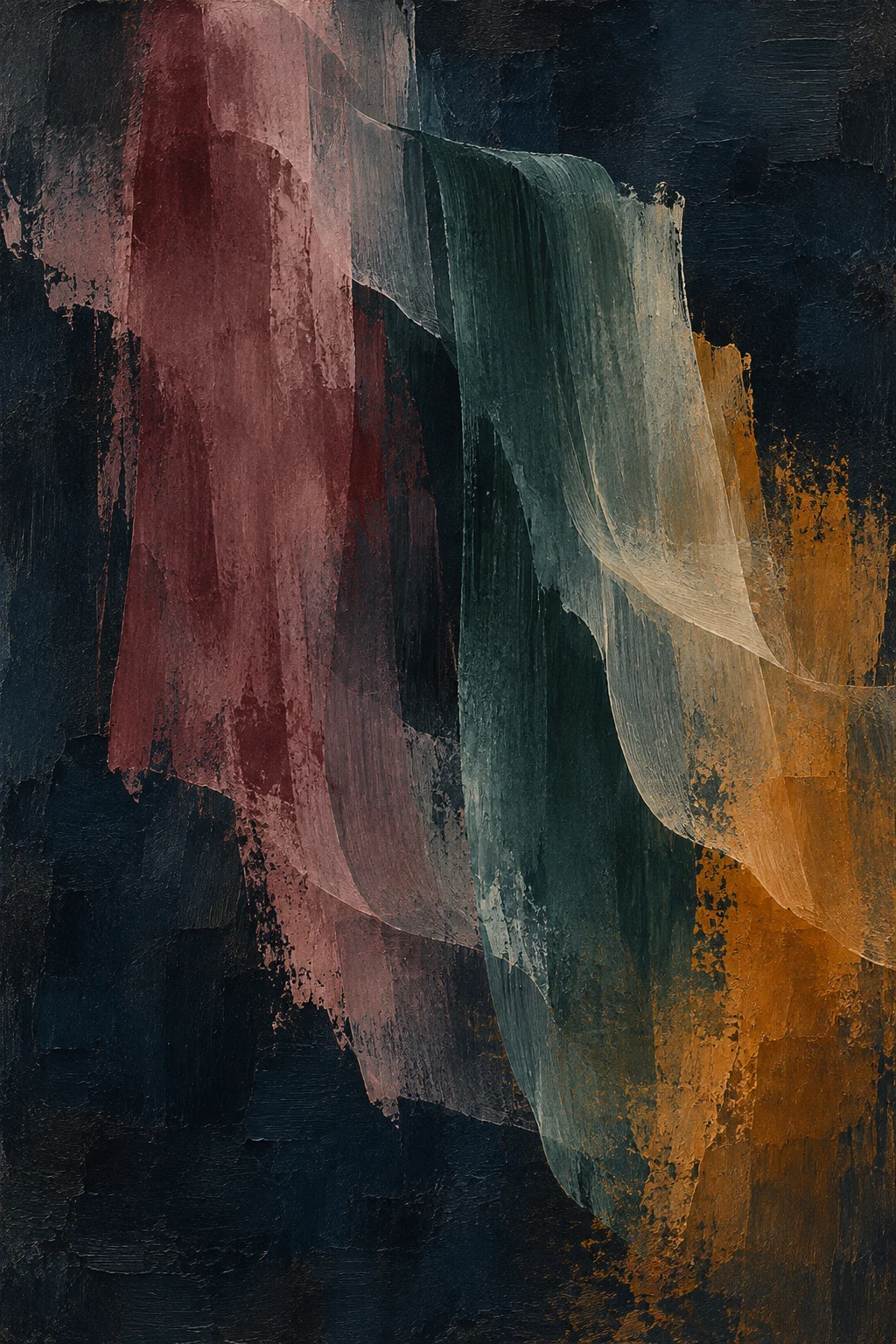 A drifting veil of thin washes in black, brown, charcoal, taupe; portrait artwork.