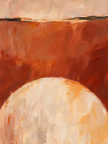 A half-moon rising from the bottom edge in terracotta, sand, cream, rust; portrait artwork.