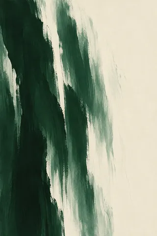 A comb of vertical strokes fading to the right in cream, black, forest green, olive; portrait artwork.