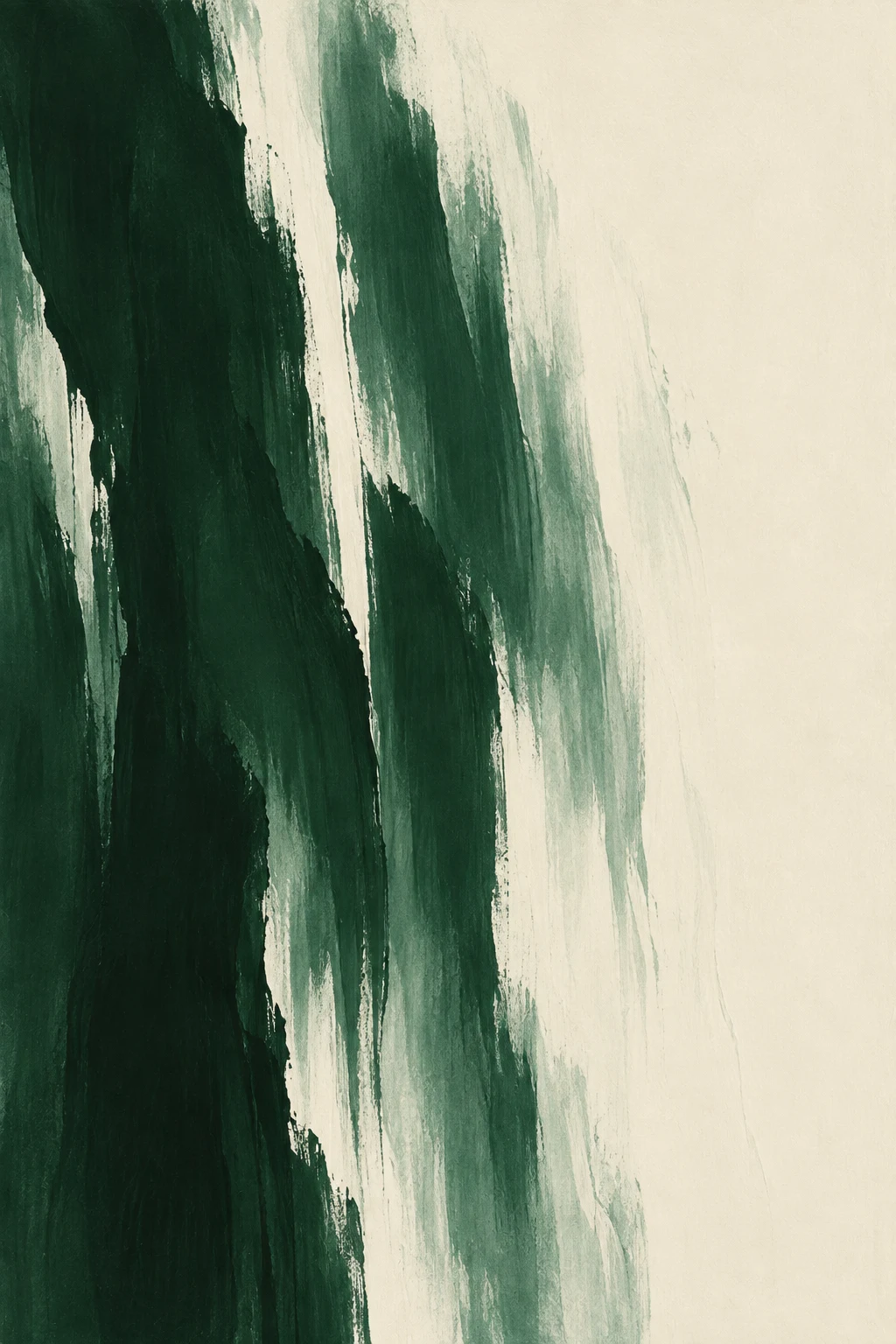 A comb of vertical strokes fading to the right in cream, black, forest green, olive; portrait artwork.