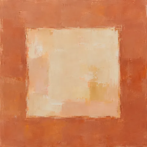 A square within a square, the inner one recessed in terracotta, stone, orange, blush; square artwork.