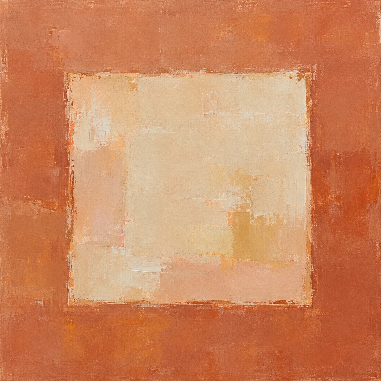 A square within a square, the inner one recessed in terracotta, stone, orange, blush; square artwork.