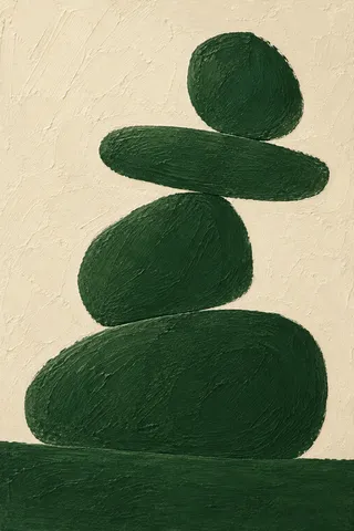 Stacked rounded stones of uneven size in forest green, cream; portrait artwork.