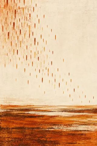 A field of small dashes drifting like rain in cream, rust, sand, terracotta; portrait artwork.