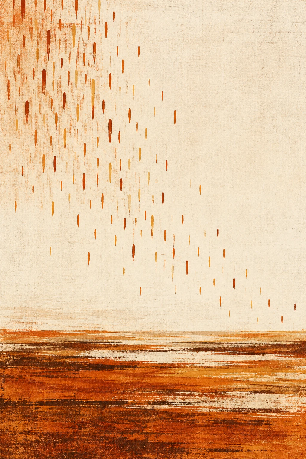 A field of small dashes drifting like rain in cream, rust, sand, terracotta; portrait artwork.
