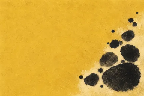 A cluster of pebble shapes gathered in one corner in yellow, black; landscape artwork.