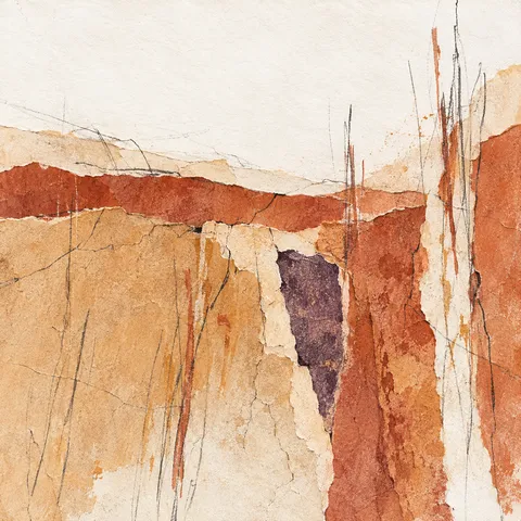 A cracked wabi-sabi field with one patch of a second color in white, cream, sand, ochre; square artwork.