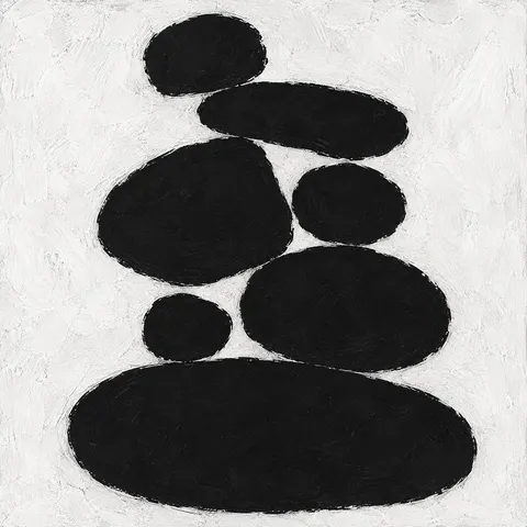 Stacked rounded stones of uneven size in black, white, cream, charcoal; square artwork.