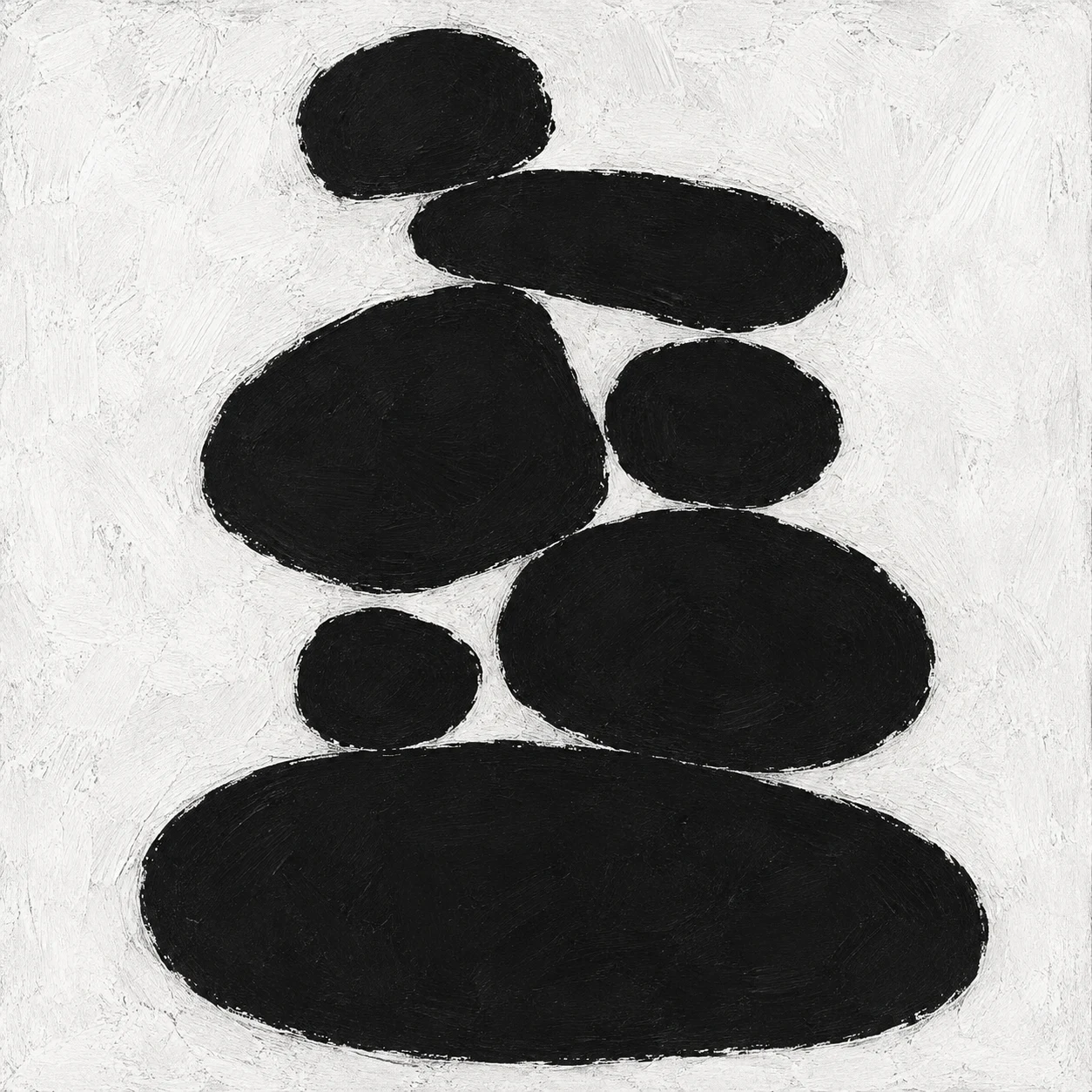 Stacked rounded stones of uneven size in black, white, cream, charcoal; square artwork.