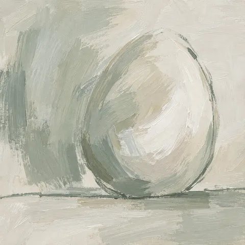 An egg shape resting on a line in stone, cream, gray; square artwork.