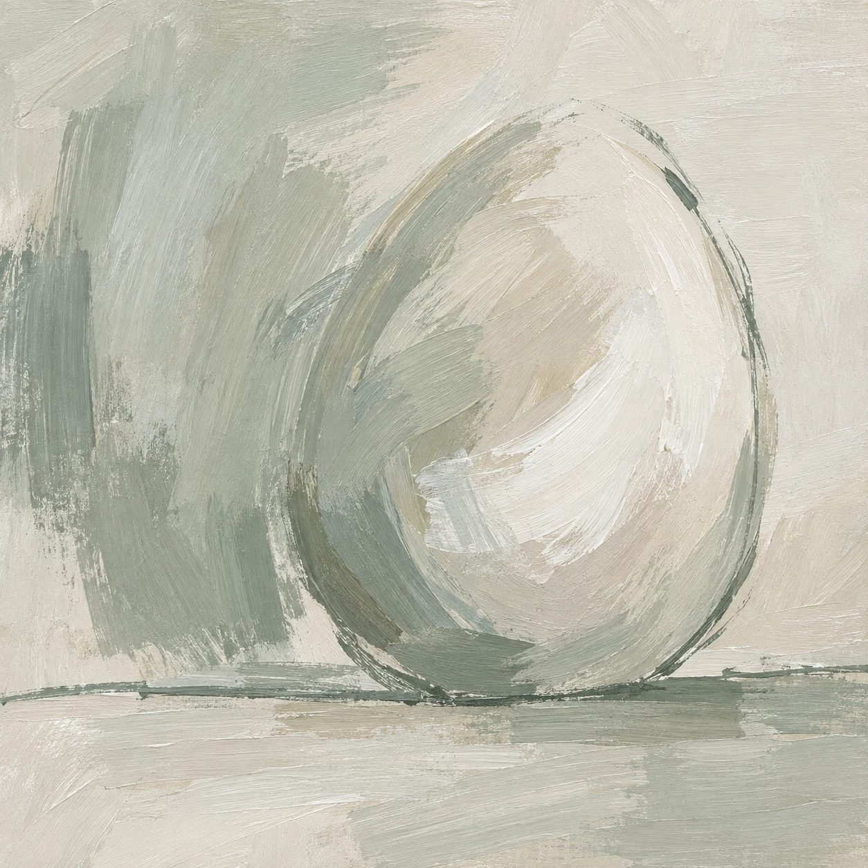 An egg shape resting on a line in stone, cream, gray; square artwork.