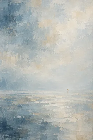 A single dot far off-center in an open field in stone, cream, gray, blue; portrait artwork.
