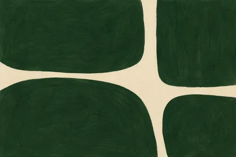 A window of four uneven panes in forest green, stone; landscape artwork.