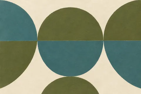 Interlocking half-moons in olive, teal, cream; landscape artwork.